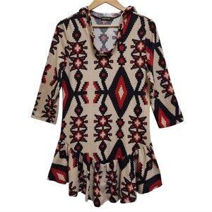 Reborn Hooded Sweater Women L Knit Tan Tribal Print 3/4 Slv Peplum Hem Southwest